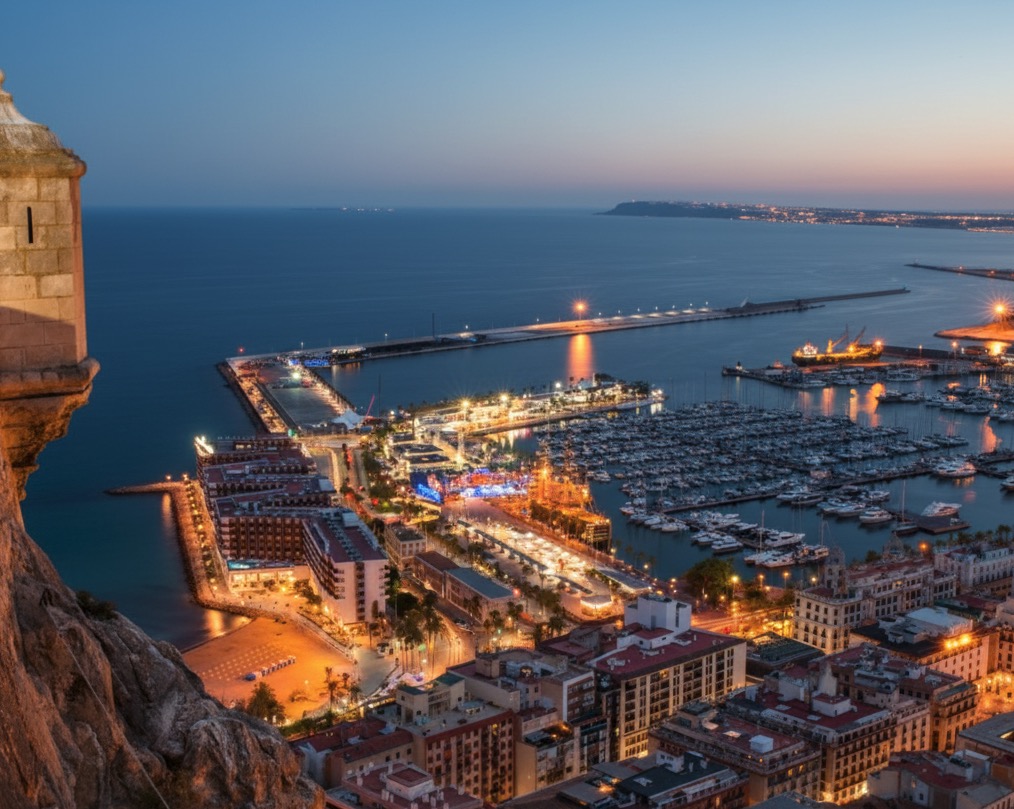 Alicante-con-una-vista-aerea-del-puerto-y-la-ciudad-al-atardecer-o-anochecer