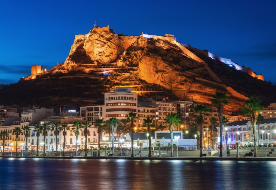 Alicante-destacando-el-castillo-de-Santa-Barbara-iluminado-por-la-noche