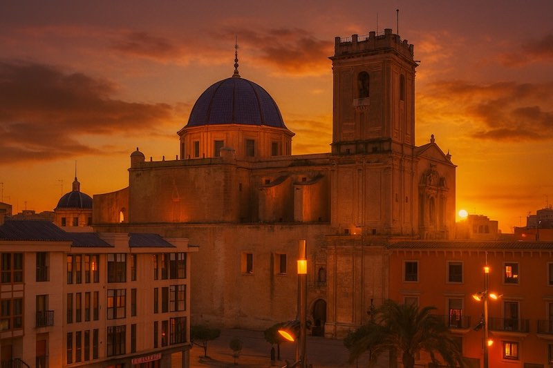 Elche ciudad, atardecer - Basílica basílica de santa Maria des del Palau