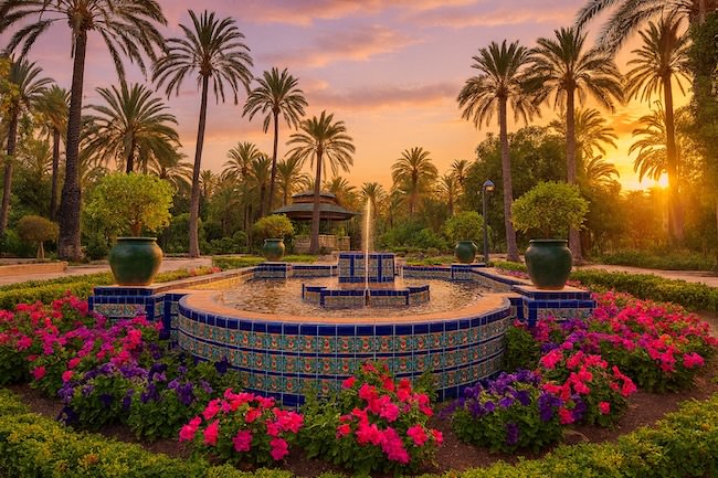 Jardín con fuente flores y palmeras - Elche, España