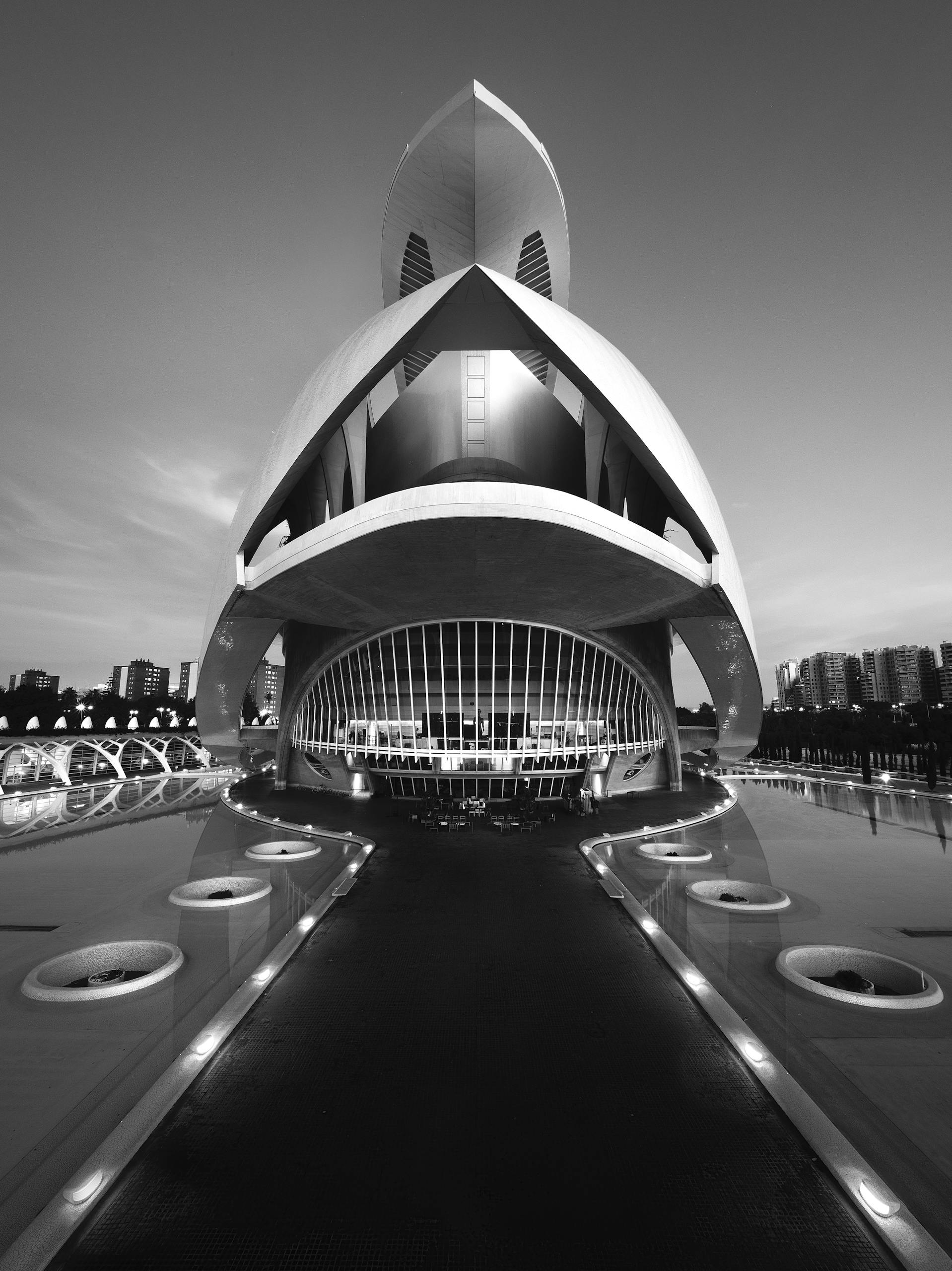 Stunning black and white shot of modern architecture in Valencia, capturing unique design and symmetry.